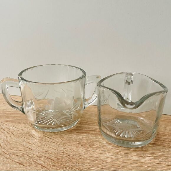 Vintage Antique Etched Flower Clear Paneled Pressed Glass Open Sugar Creamer Set - Picture 8 of 15